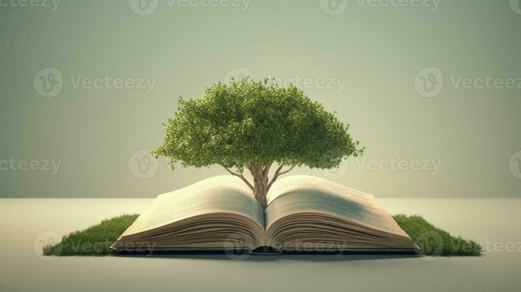 ouvert livre avec magique vert arbre et la nature Contexte. génératif ai. photo