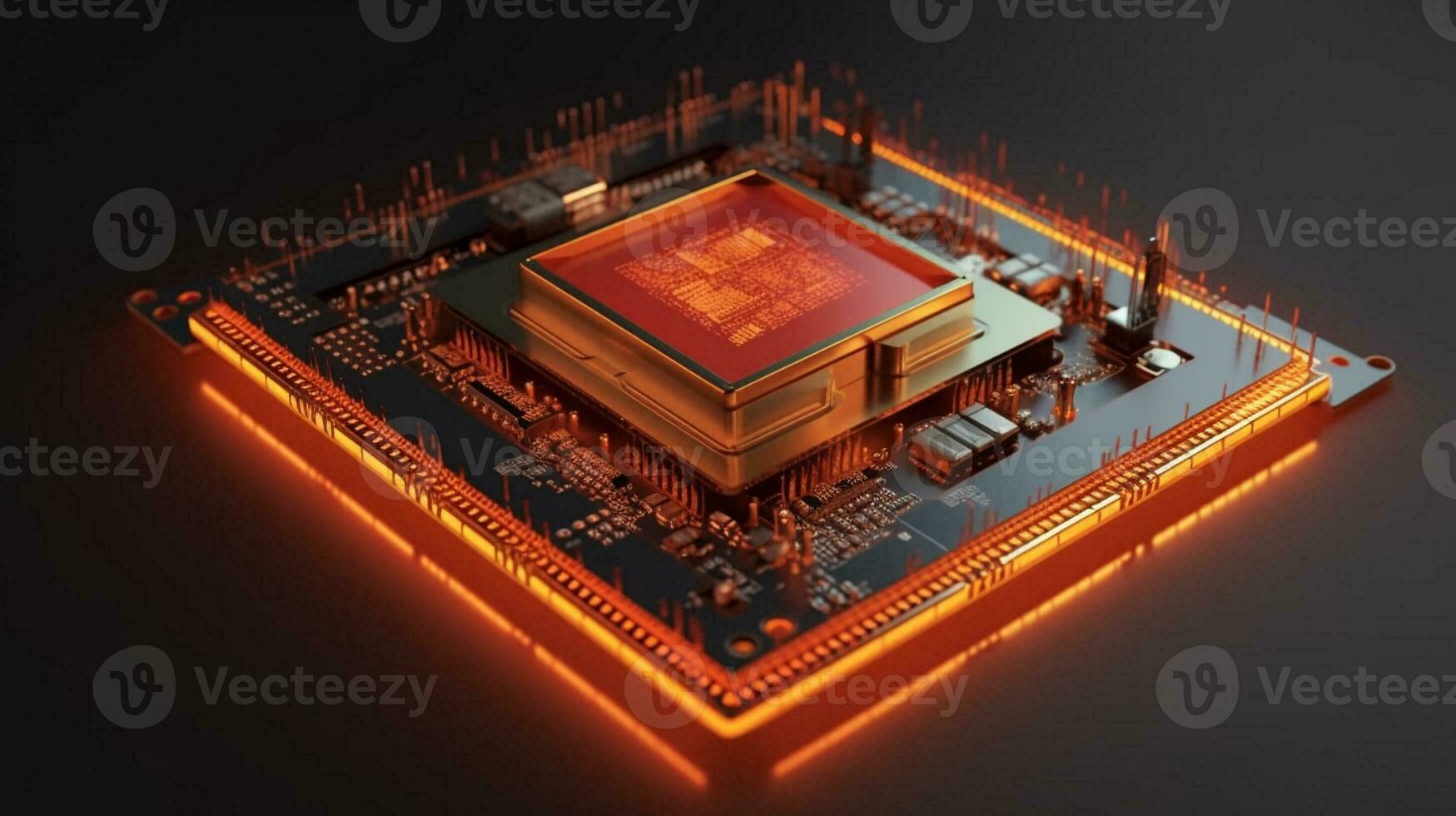 micro CPU sur circuit planche avec rouge éclairage 3d. génératif ai. photo