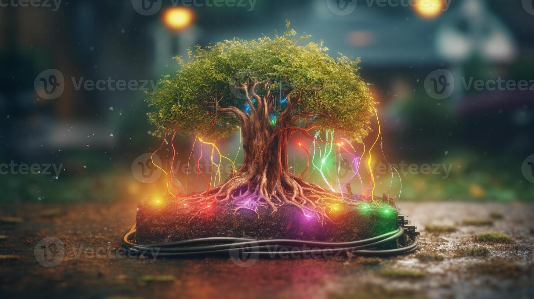 magnifique illustration de le symbolique la magie arbre de la vie.la ev mise en charge station explose avec coloré arbre racines. génératif ai. photo