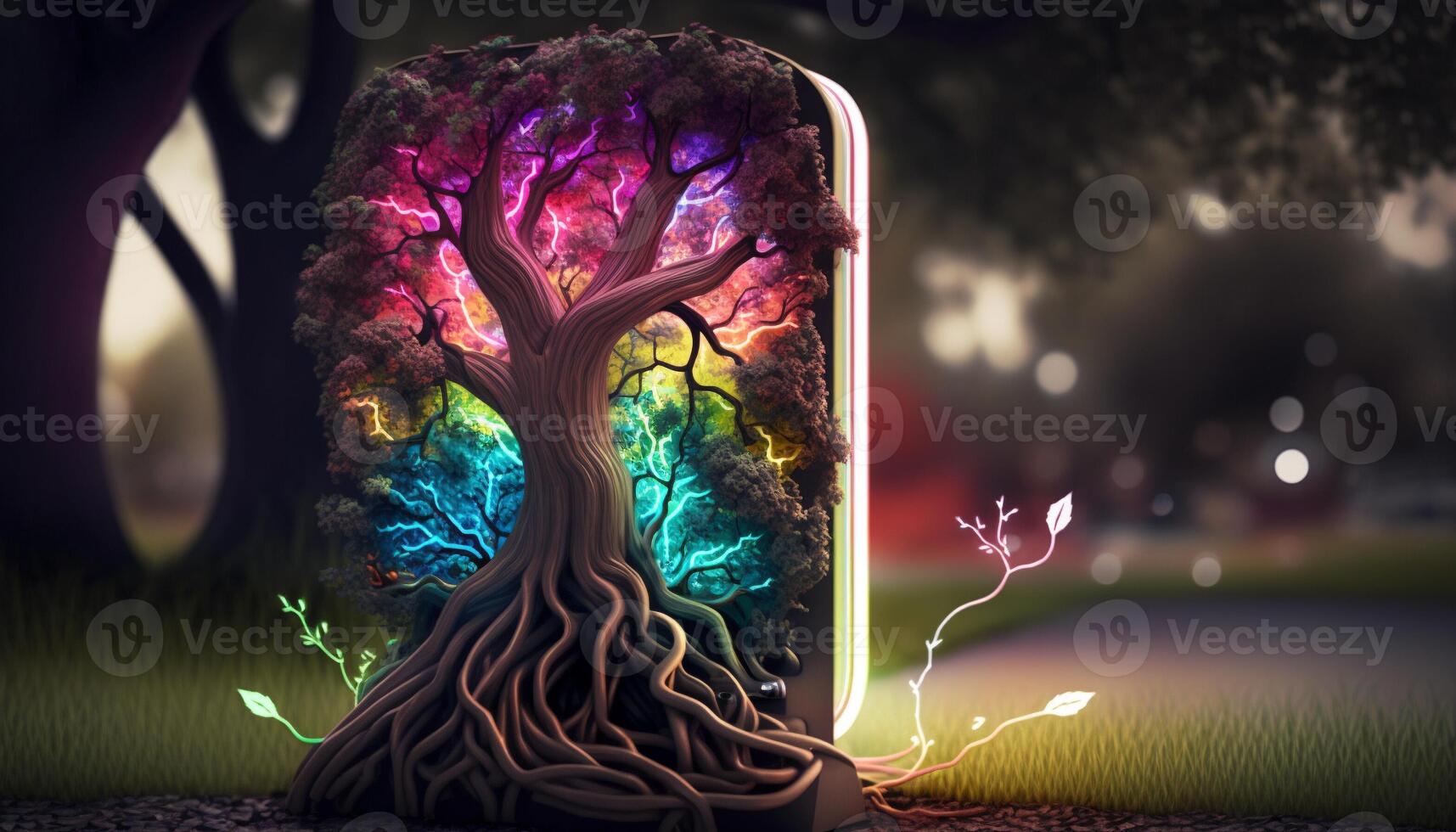 magnifique illustration de le symbolique la magie arbre de la vie.la ev mise en charge station explose avec coloré arbre racines. génératif ai. photo