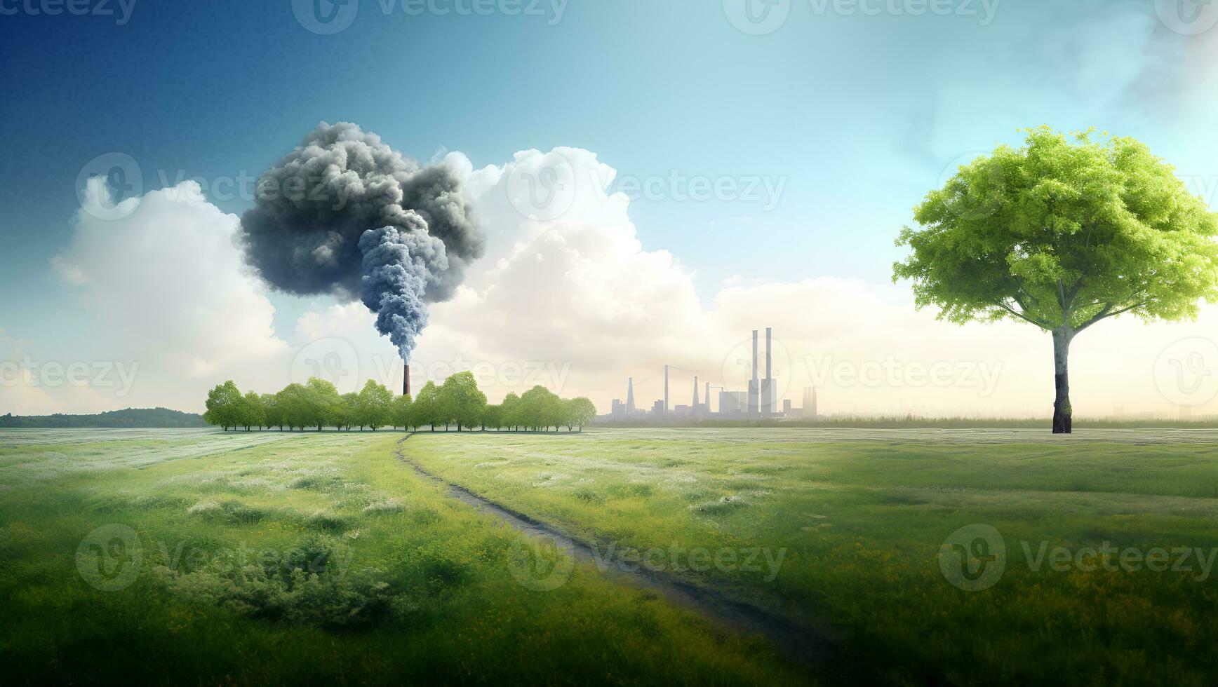 comparer le vert arbre et Prairie clair air champ avec usine et air la pollution avec climat changement effet. ai génératif. photo