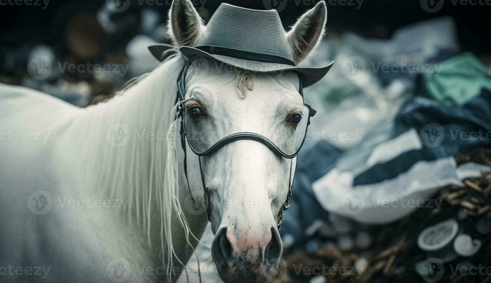 blanc cheval des stands près une pile de Plastique avec à la recherche pour nourriture et hébergement, concept de économie le monde. génératif ai. photo