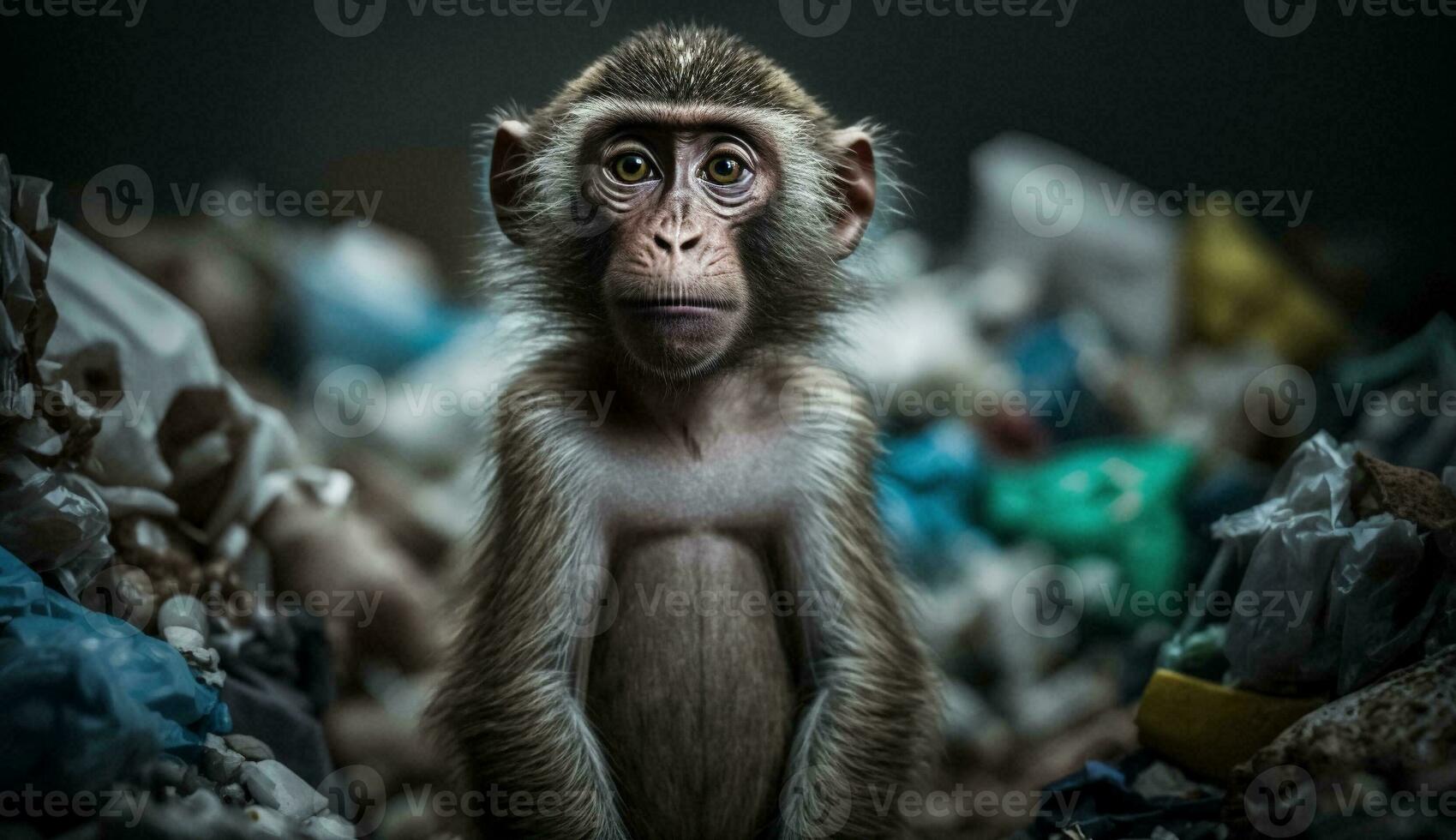 une singe permanent parmi le piles de Plastique avec à la recherche pour nourriture et hébergement, concept de économie le monde. génératif ai. photo