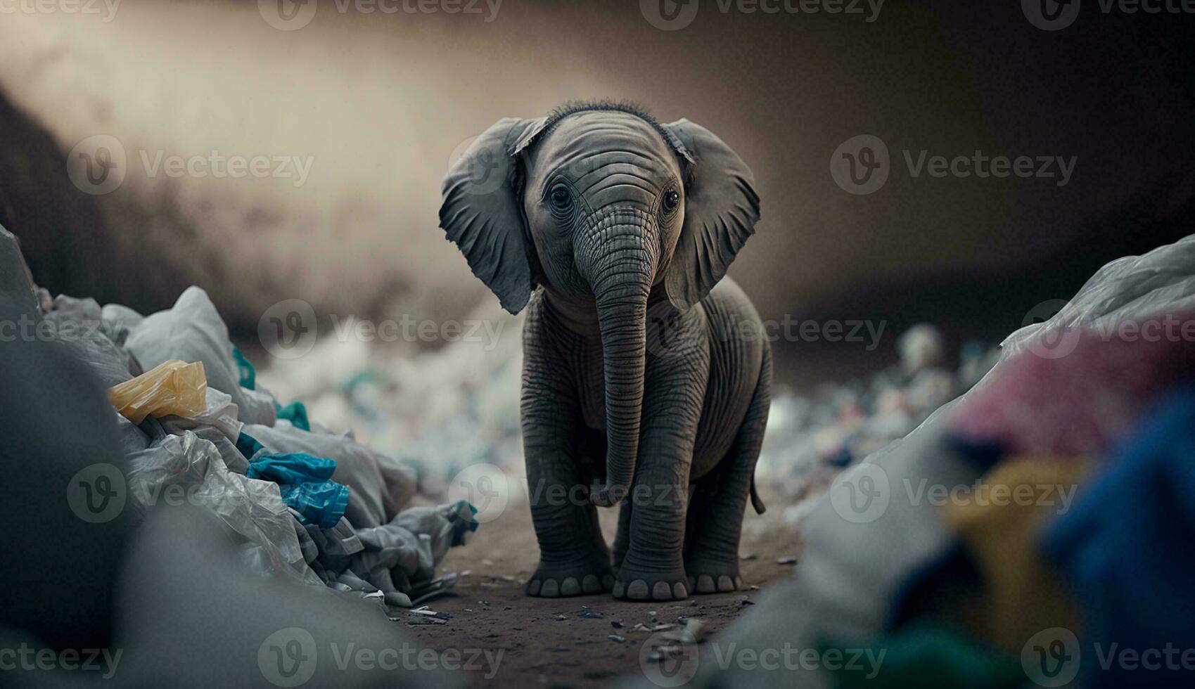 un l'éléphant des stands parmi le piles de Plastique déchets à la recherche pour nourriture et abri, concept de économie le monde. génératif ai. photo