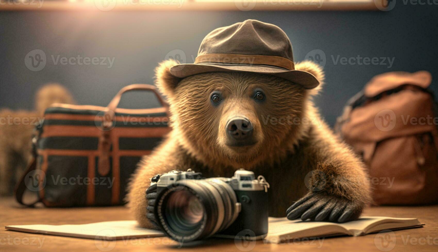 une ours portant des lunettes et une chapeau est assis et lit livres. génératif ai. photo