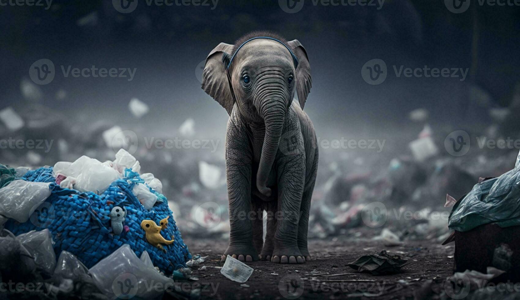 un l'éléphant des stands parmi le piles de Plastique déchets à la recherche pour nourriture et abri, concept de économie le monde. génératif ai. photo