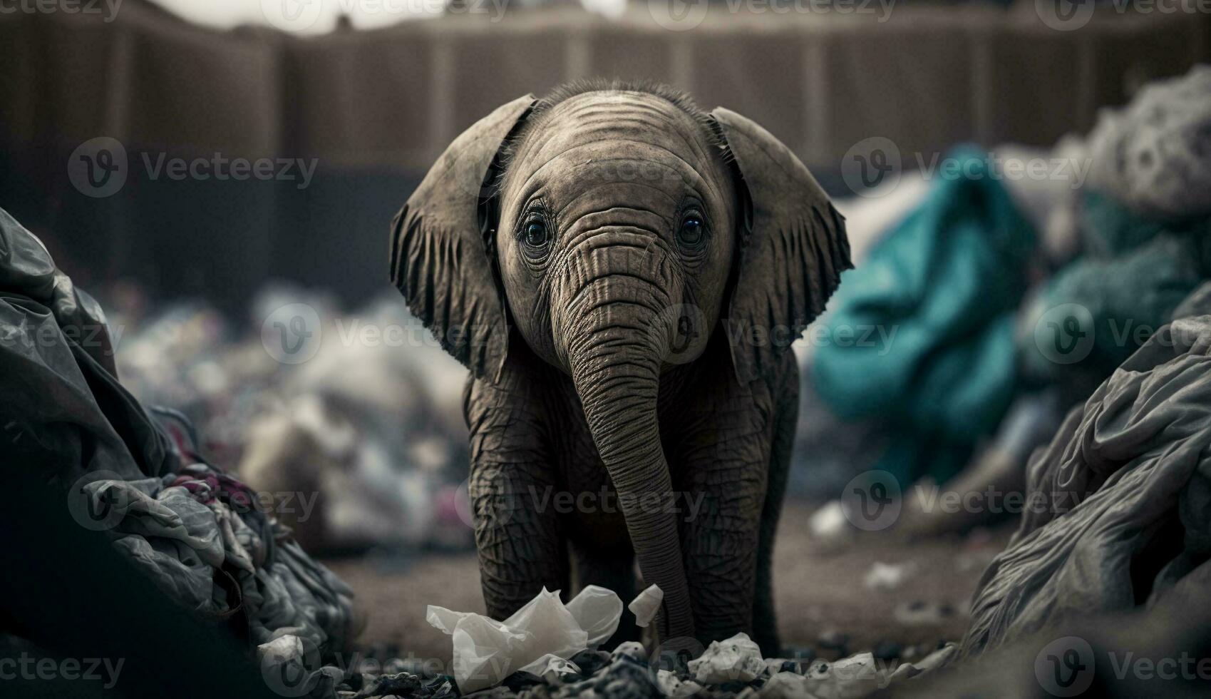 un l'éléphant des stands parmi le piles de Plastique déchets à la recherche pour nourriture et abri, concept de économie le monde. génératif ai. photo