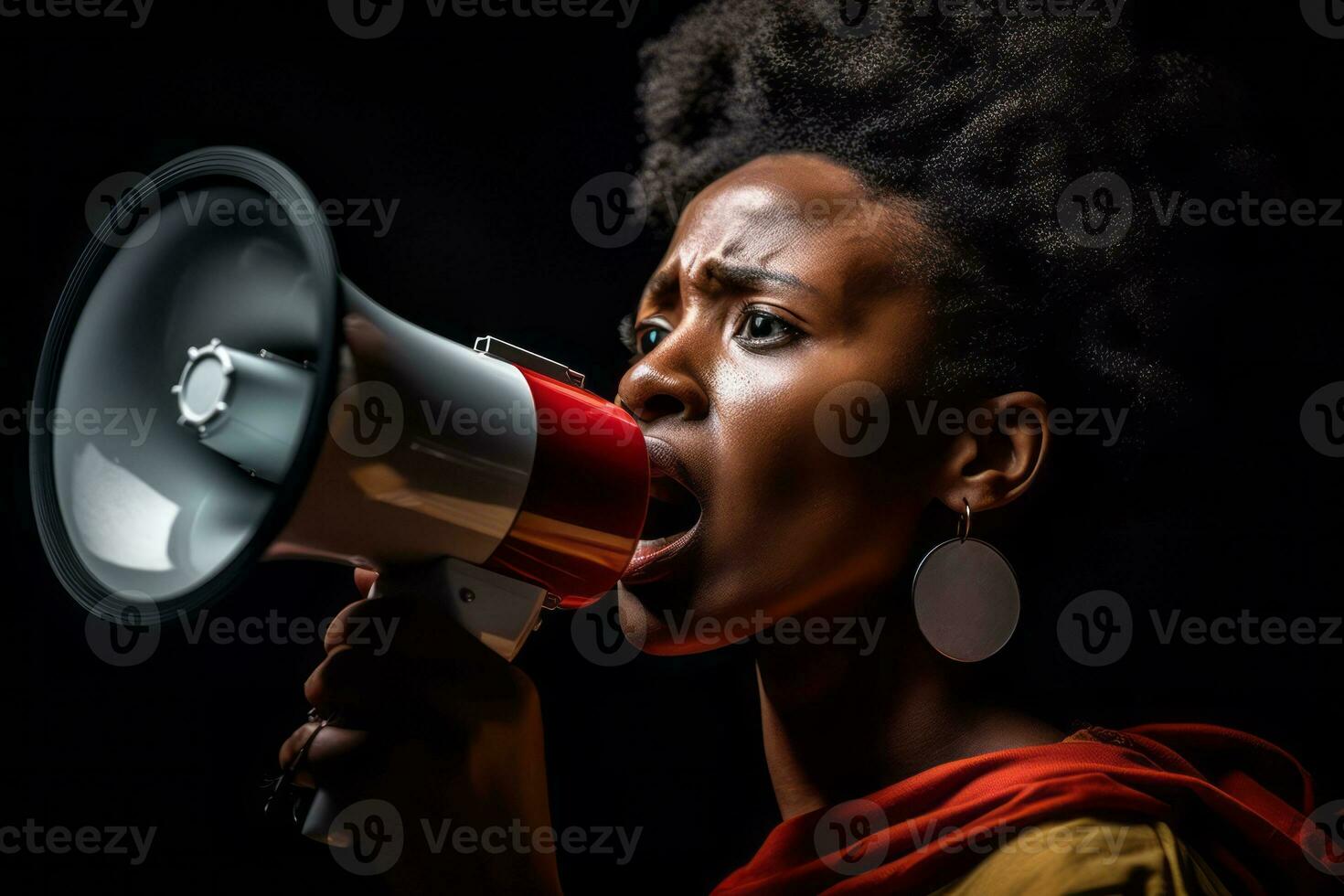 une femme Parlant en dehors contre violence, élevage sa voix et rupture le silence, symbolisant responsabilisation et résilience. génératif ai photo