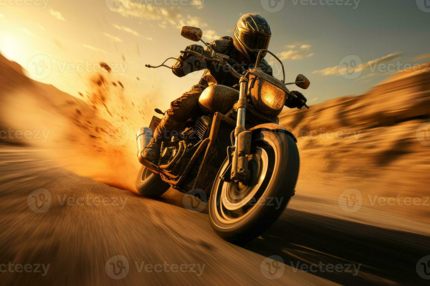 une moto cavalier croisière sur un ouvert route, dépeindre le frisson de équitation et le sens de liberté il apporte. génératif ai photo