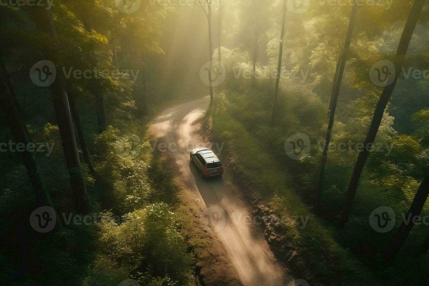 un aérien vue de une voiture conduite vers le bas une saleté route dans le forêt. génératif ai photo