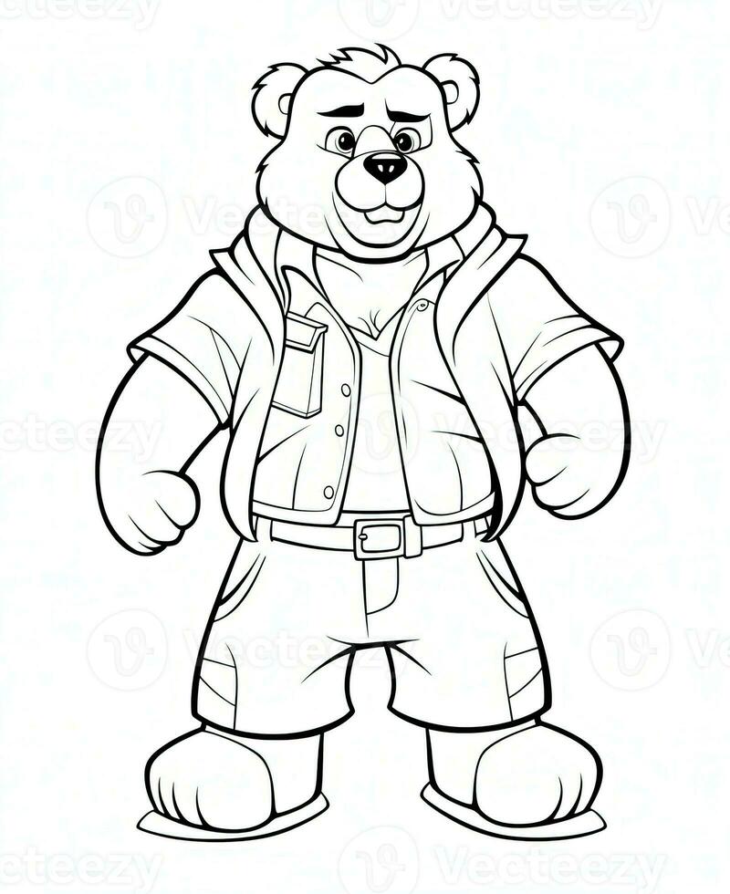 une coloration page de une ours dans une veste. génératif ai photo