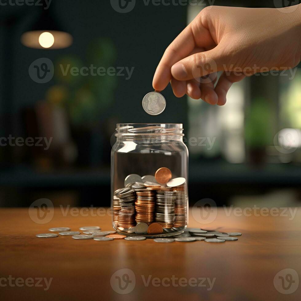 main en mettant pièces de monnaie dans verre pot, ai génératif photo