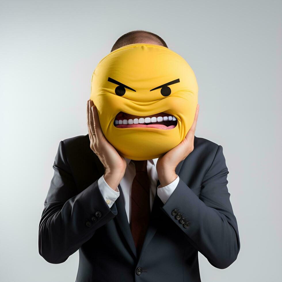 Masculin Bureau ouvrier couvrant visage avec en colère emoji blanc arrière-plan, ai génératif photo