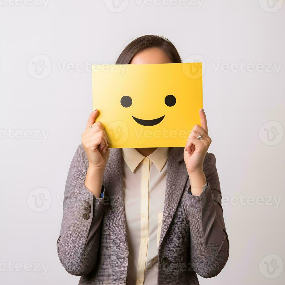 femelle Bureau ouvrier couvrant visage avec souriant emoji blanc arrière-plan, ai génératif photo