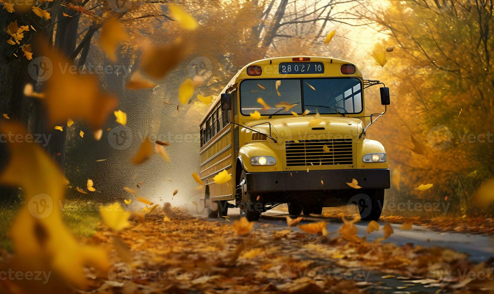 Jaune école autobus voiture sur le route avec l'automne Orange feuilles, ai génératif photo