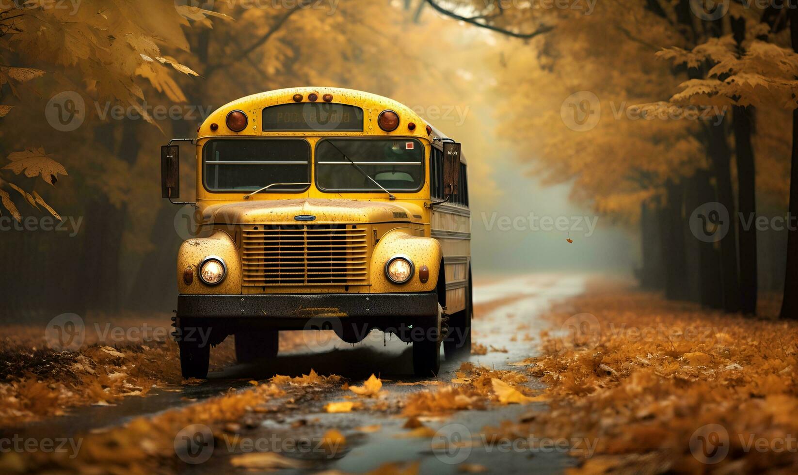 Jaune école autobus voiture sur le route avec l'automne Orange feuilles, ai génératif photo