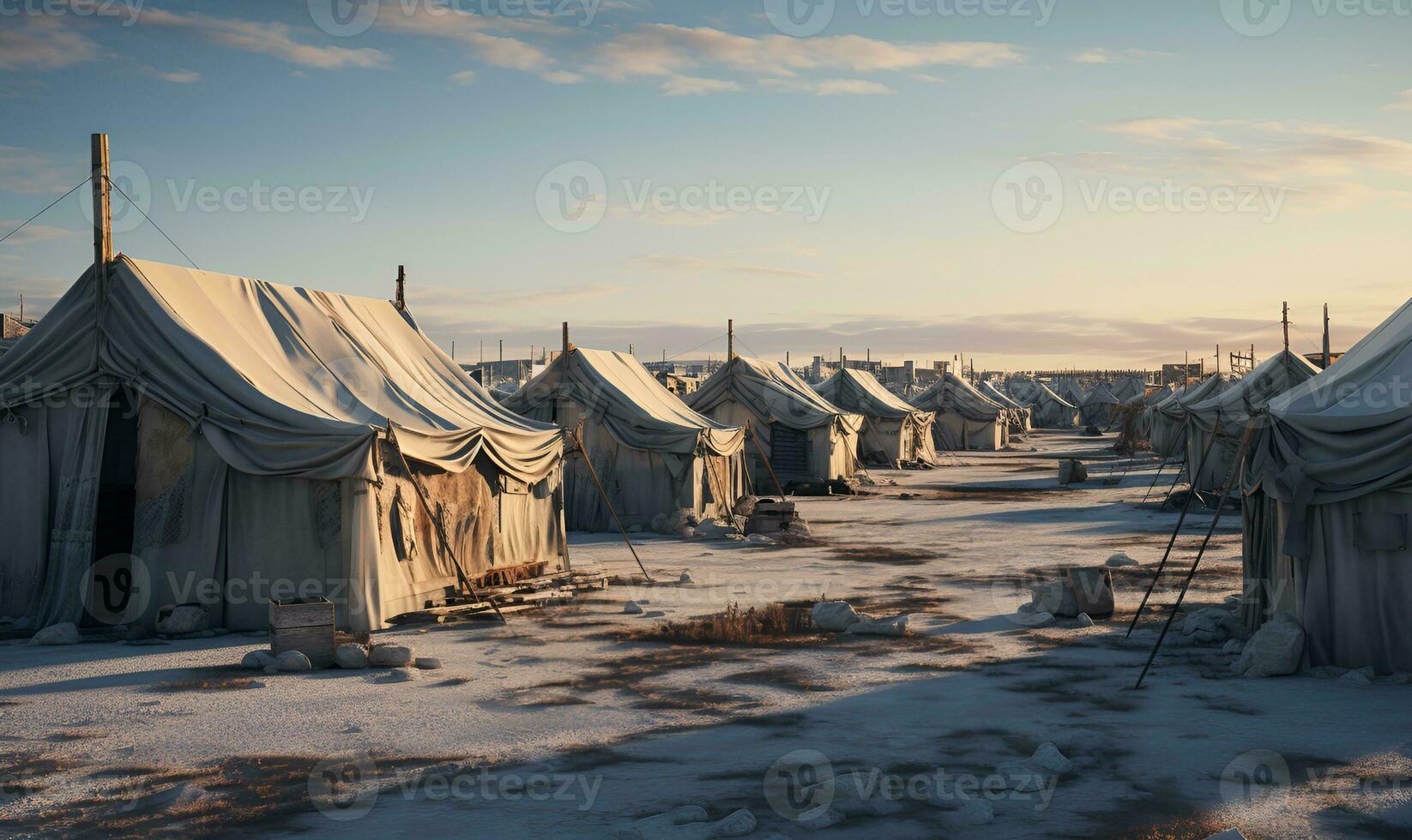 réfugié tentes dans hiver, ai génératif photo