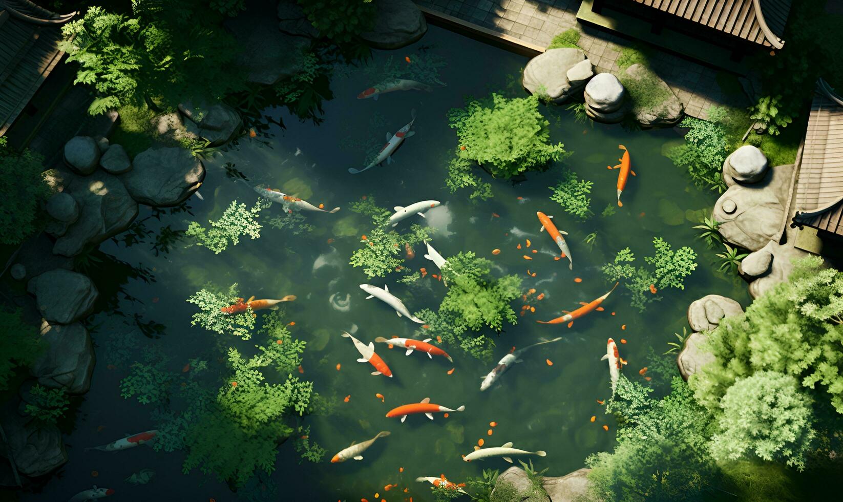 Japonais koi poisson étang vue de au-dessus de, ai génératif photo