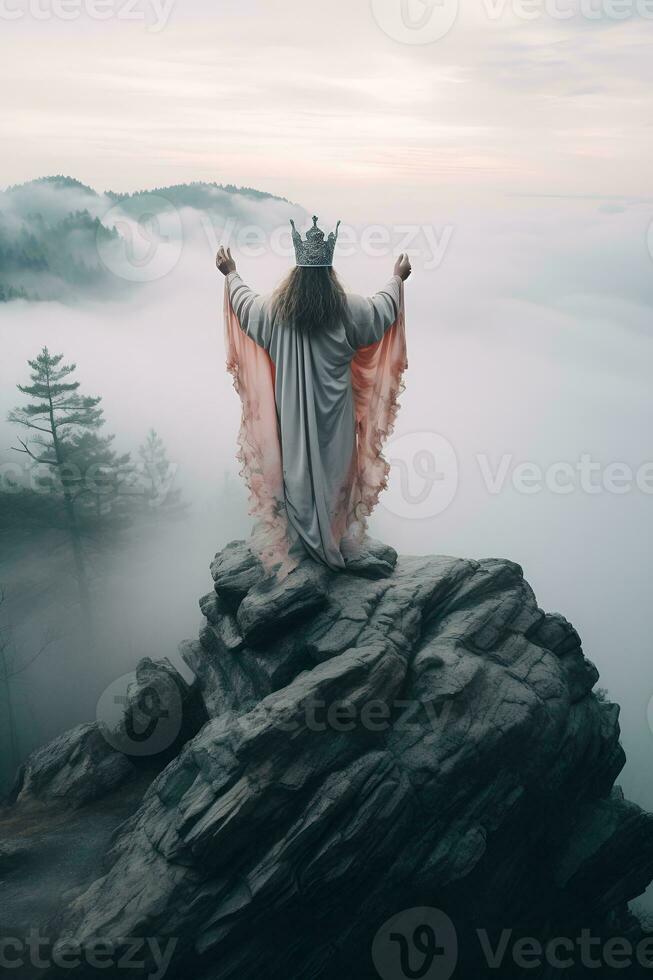 le vieux Roi des stands sur une rocheux colline, ai génératif photo