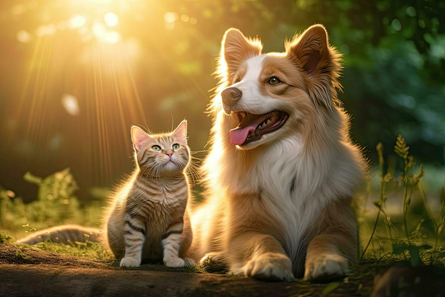 une chat et chiens jouer dans le parc ,génératif art photo