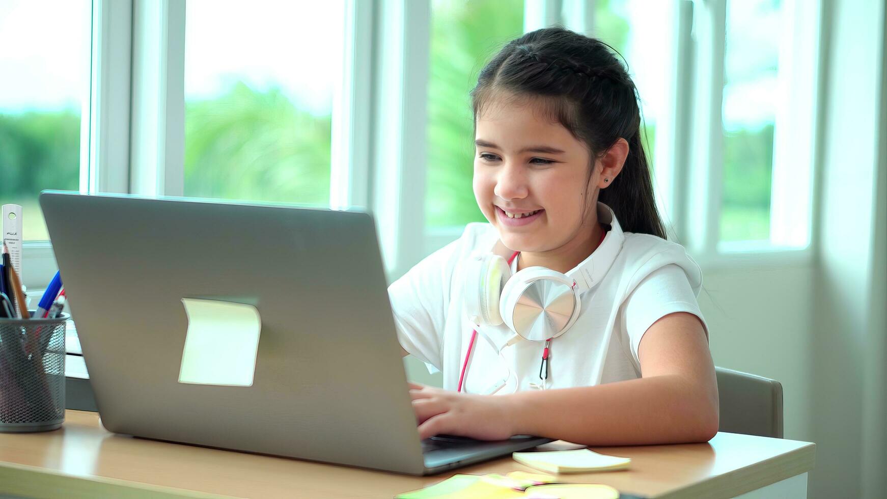 enfant fille sourire prendre plaisir e-learning sur ordinateur carnet avec pour rire à marrant la communication et étude en ligne ou apprendre de Accueil à jouer portable par retour à école photo