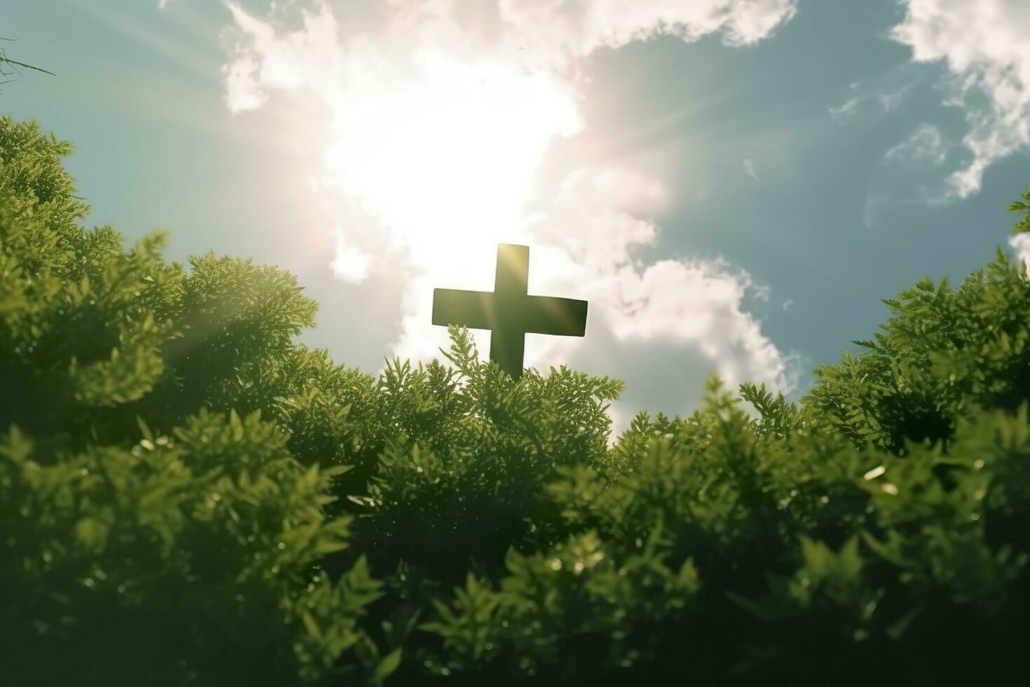 le traverser de Dieu avec vert feuille, dans le des rayons de le Soleil et bleu ciel. traverser sur le colline avec vert des arbres et vert Naturel voir. religieux concept, ai génératif photo