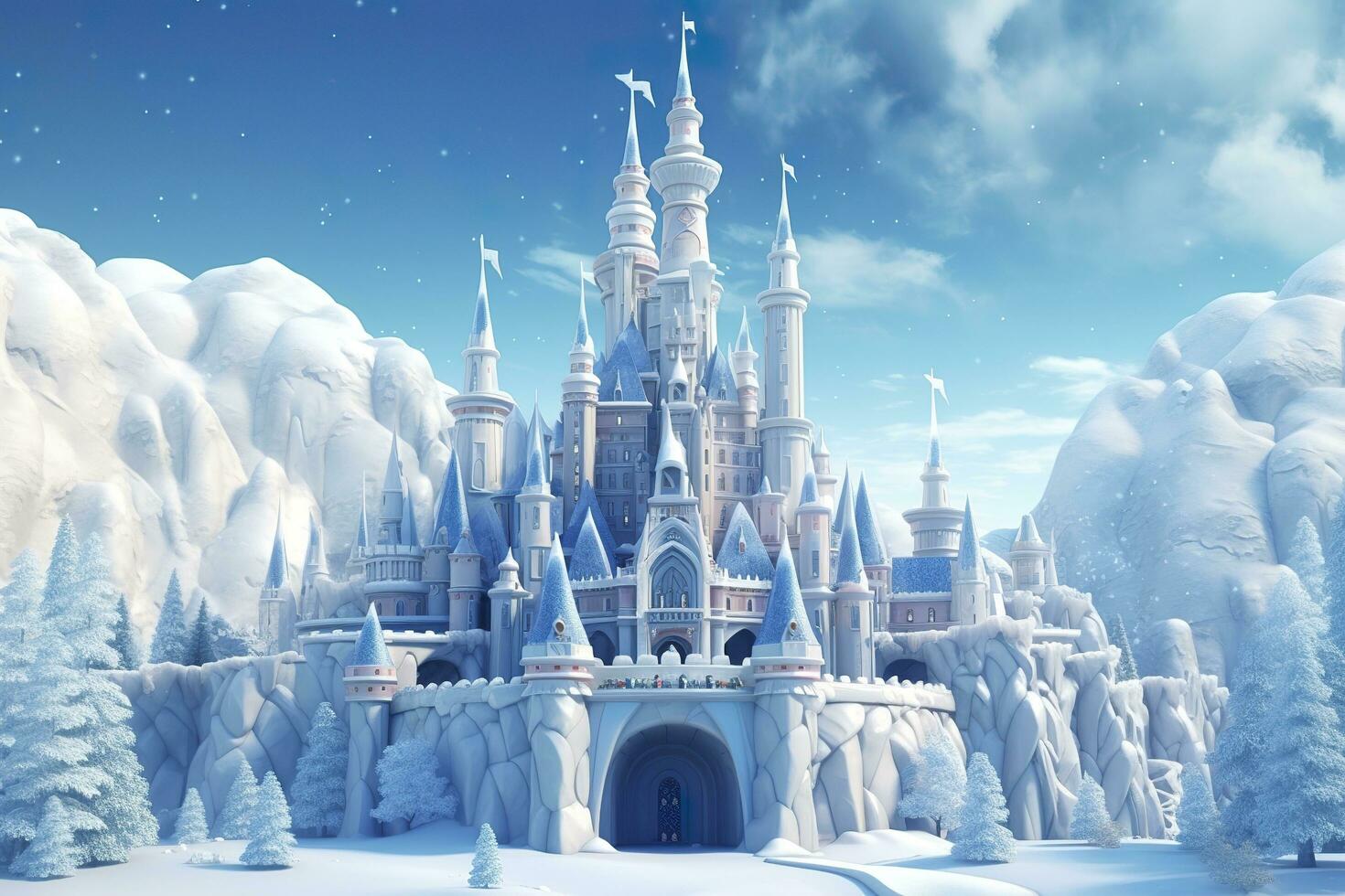 mignonne bleu la magie la glace château. fantaisie neigeux paysage. hiver Château sur le montagne, hiver forêt. ai génératif photo