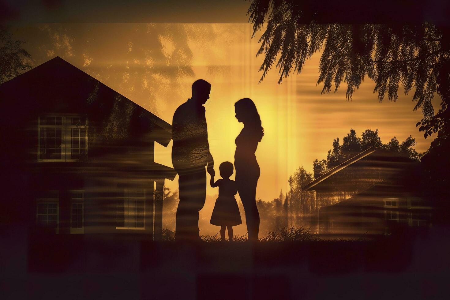 ombre de content famille ensemble, Parents avec leur peu bébé à le coucher du soleil. une silhouette de l'amour et unité. ai génératif photo