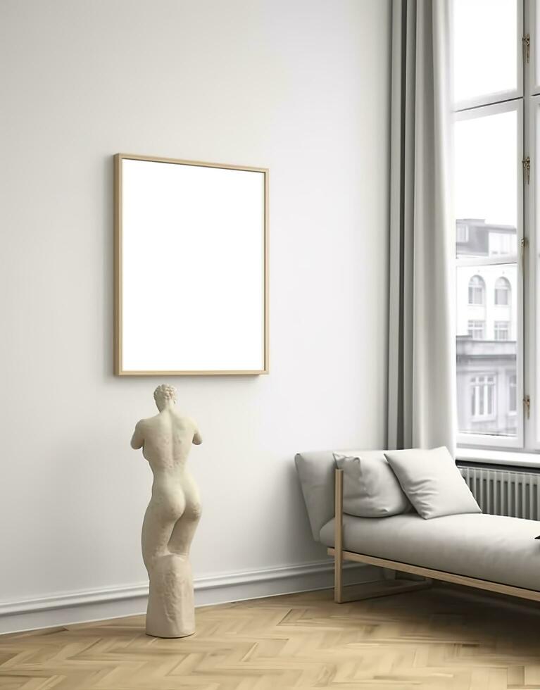 maquette Cadre dans contemporain scandinave vivant pièce intérieur, 3d rendre. ai génératif photo