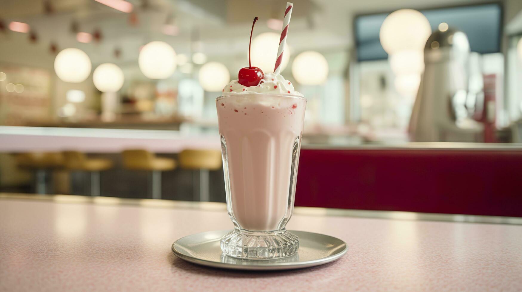 Cerise Milk-shake dans une classique américain le dîner. nourriture la photographie concept. génératif ai photo