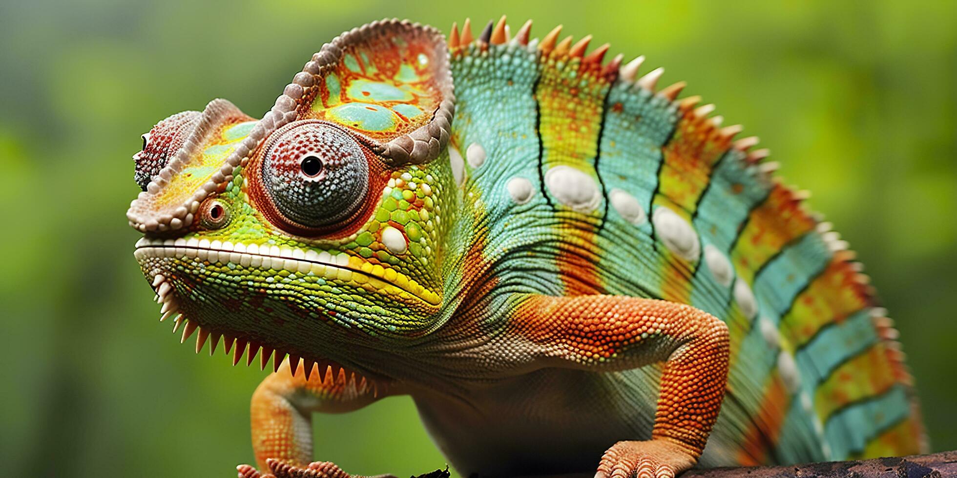 une coloré proche en haut caméléon avec une haute crête sur ses diriger. génératif ai photo