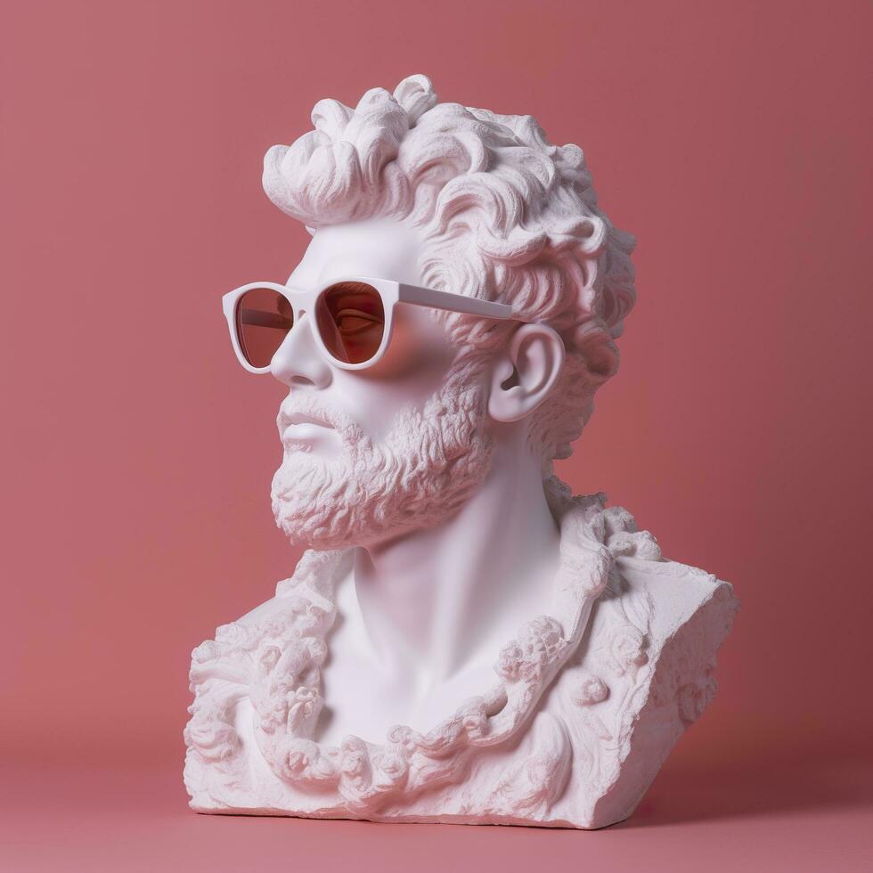 le tête de une blanc mythologique statue avec à la mode rose des lunettes sur le sien yeux, Cadre dans profil. ai génératif photo