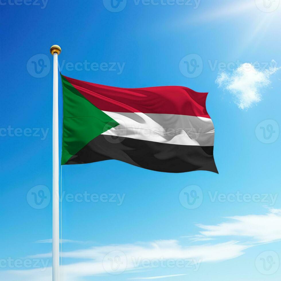 agitant drapeau de Soudan sur mât avec ciel Contexte. photo