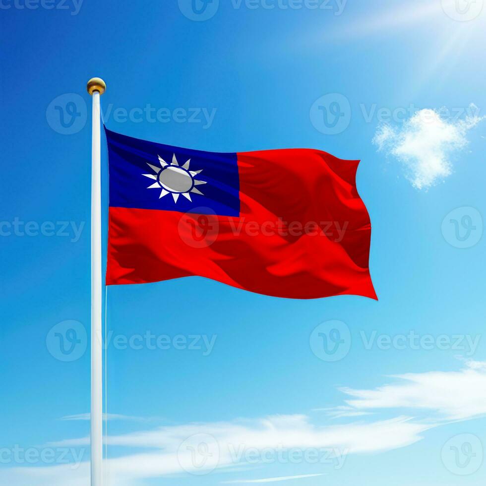 agitant drapeau de Taïwan sur mât avec ciel Contexte. photo