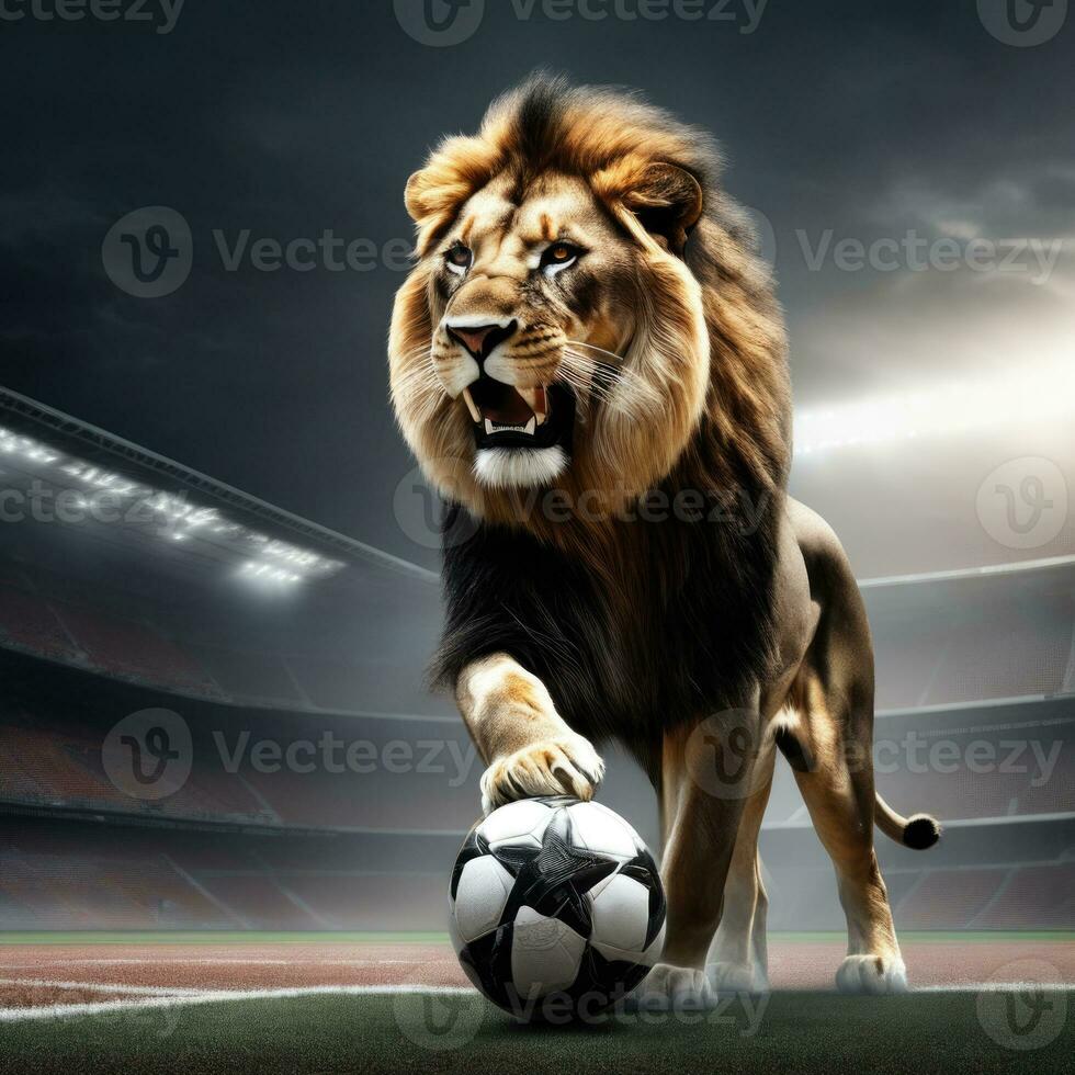 magnifique Lion avec football balle, furieux Lion dans stade Contexte. ai généré photo