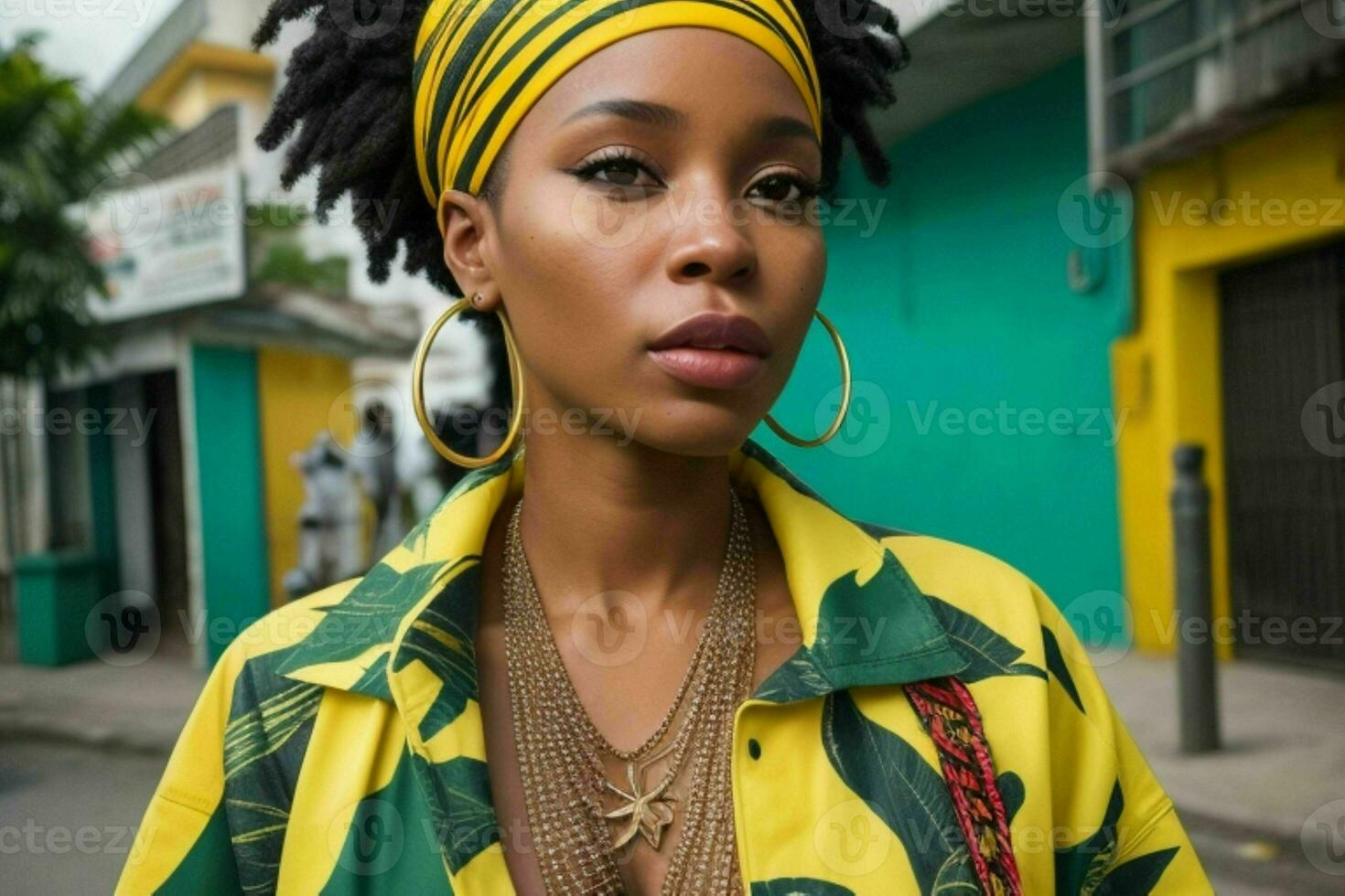 portrait de une femme dans vêtement de rue sur le rue. ai génératif pro photo