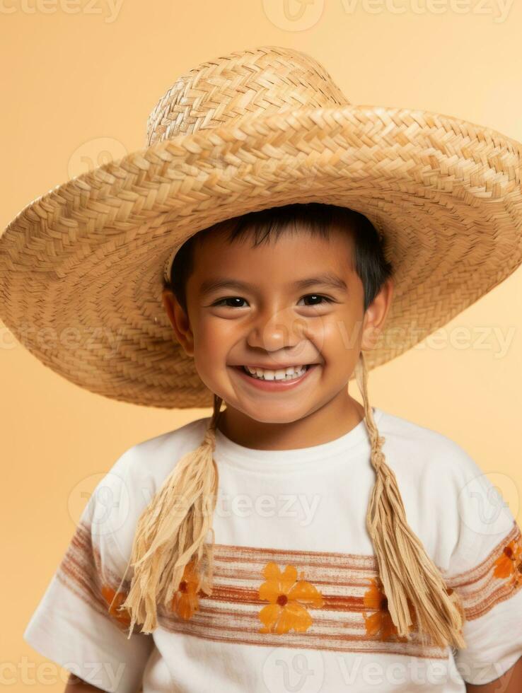 content mexicain enfant dans décontractée Vêtements contre une neutre Contexte ai génératif photo