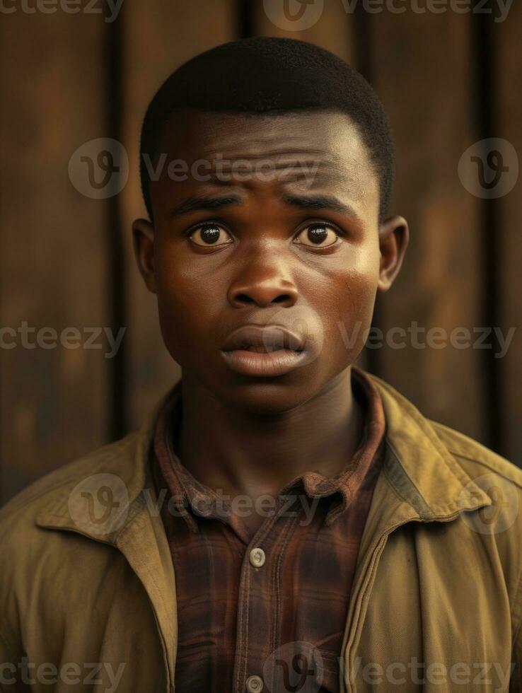 Jeune homme avec africain Caractéristiques qui apparaît à être choqué ai génératif photo