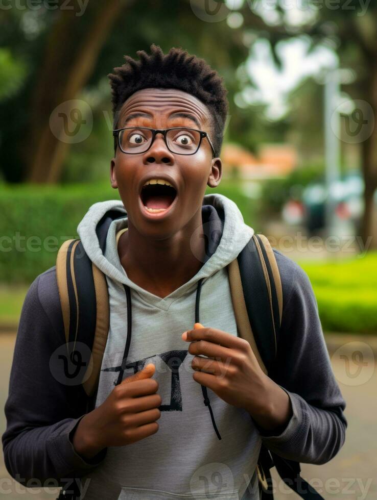 Jeune homme avec africain Caractéristiques qui apparaît à être choqué ai génératif photo