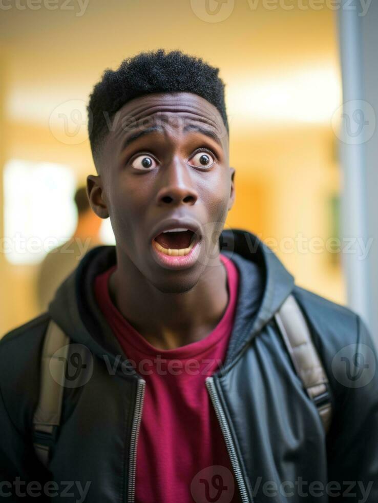 Jeune homme avec africain Caractéristiques qui apparaît à être choqué ai génératif photo