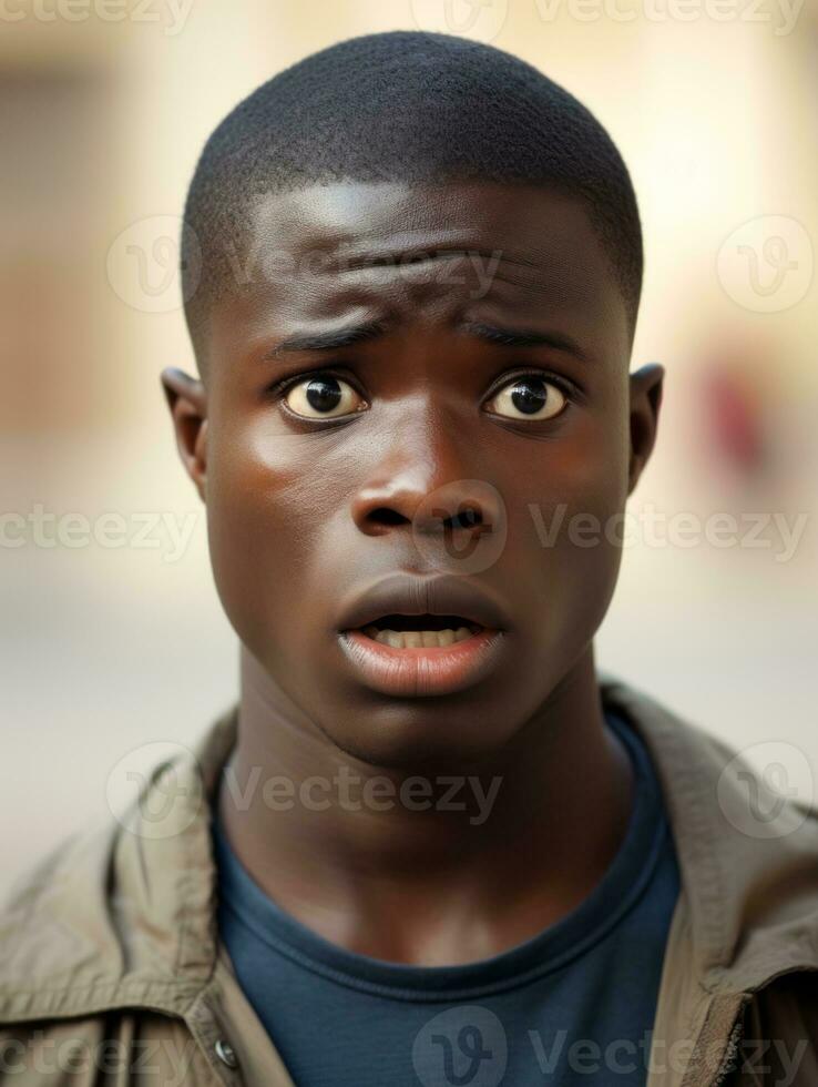 Jeune homme avec africain Caractéristiques qui apparaît à être choqué ai génératif photo