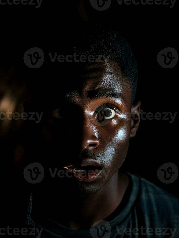 Jeune homme avec africain Caractéristiques qui apparaît à être choqué ai génératif photo