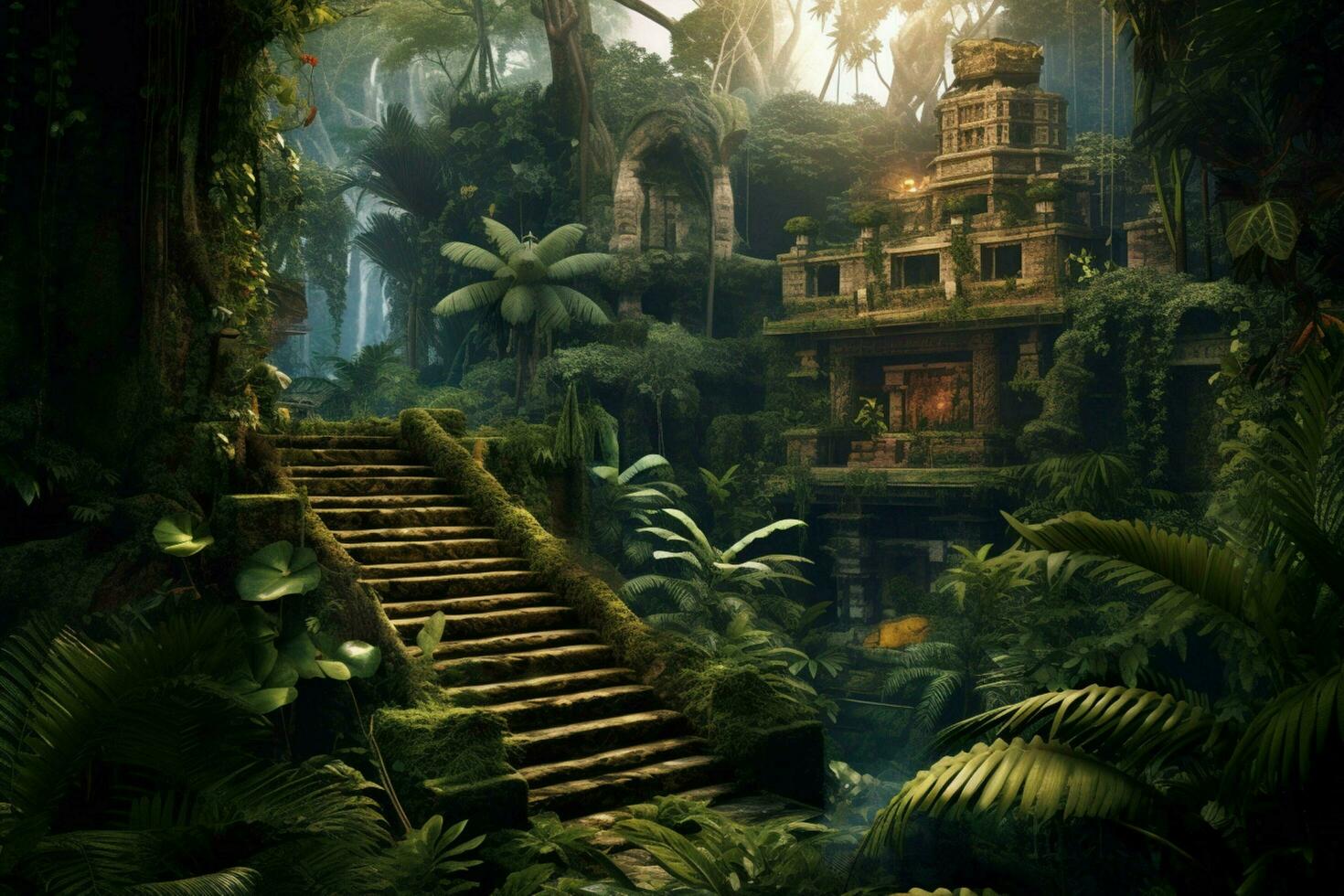 une jungle avec une caché temple photo