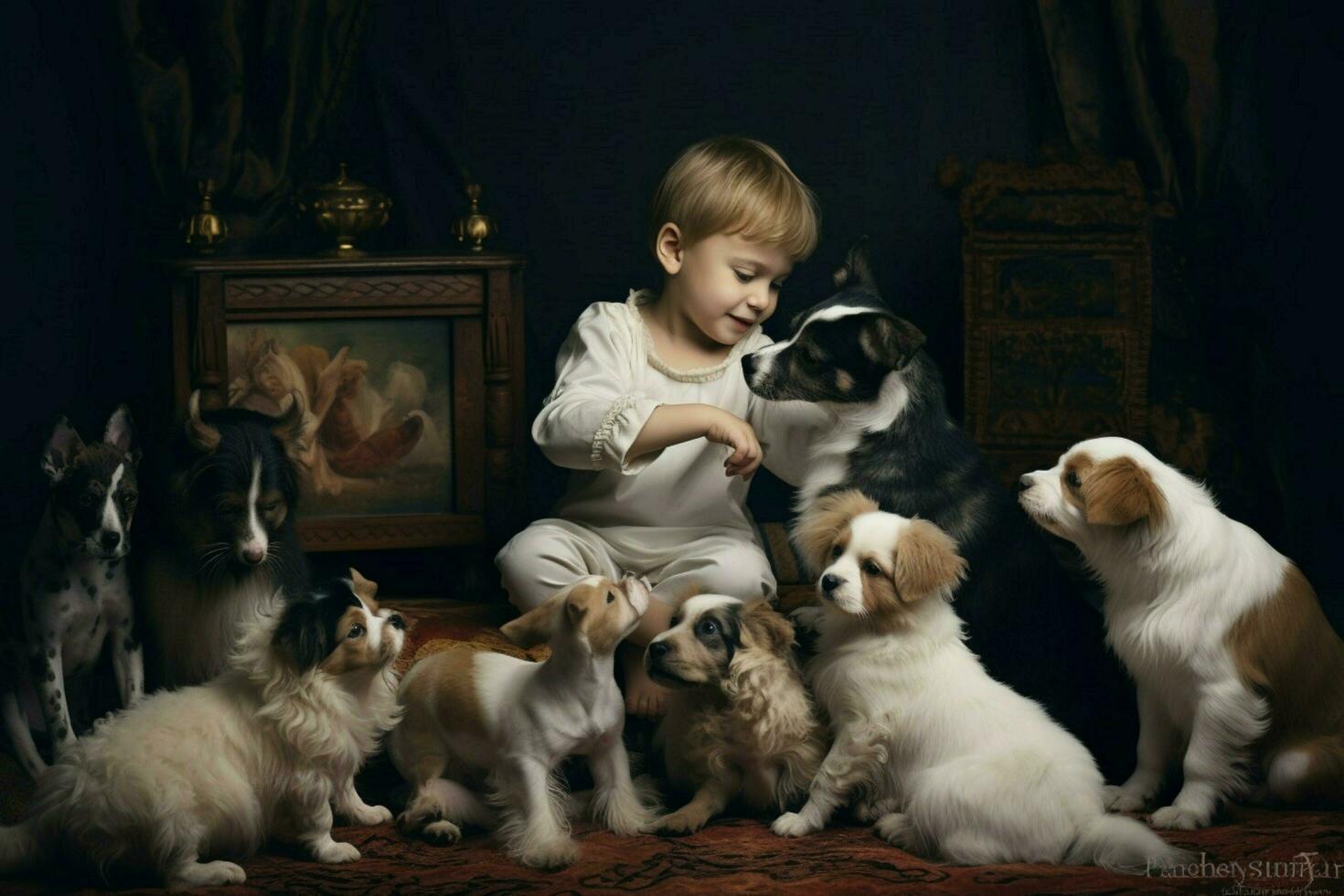 les enfants en jouant avec chiots et chatons photo