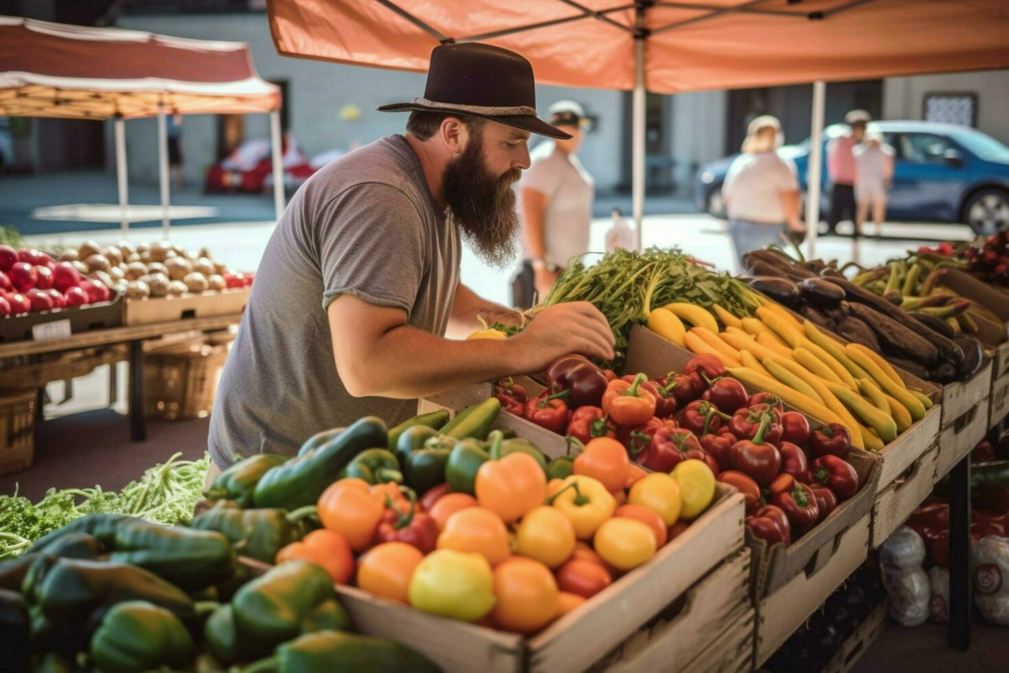 en essayant Nouveau nourriture à une Les agriculteurs marché photo