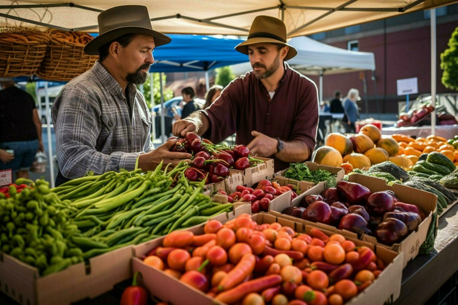 en essayant Nouveau nourriture à une Les agriculteurs marché photo