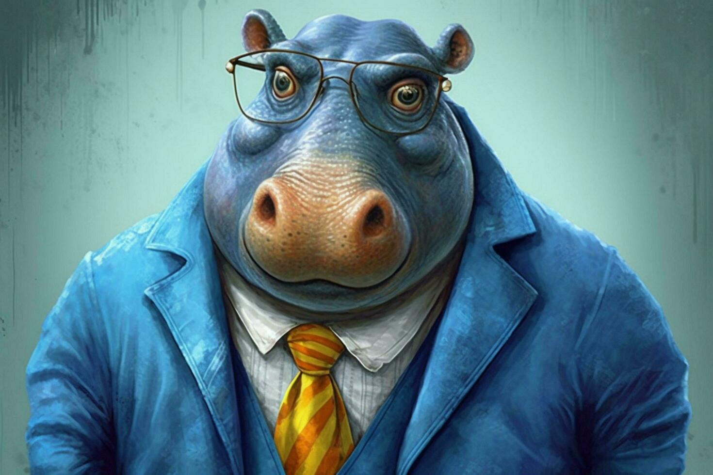 une dessin animé hippopotame avec une bleu veste et bleu yeux photo