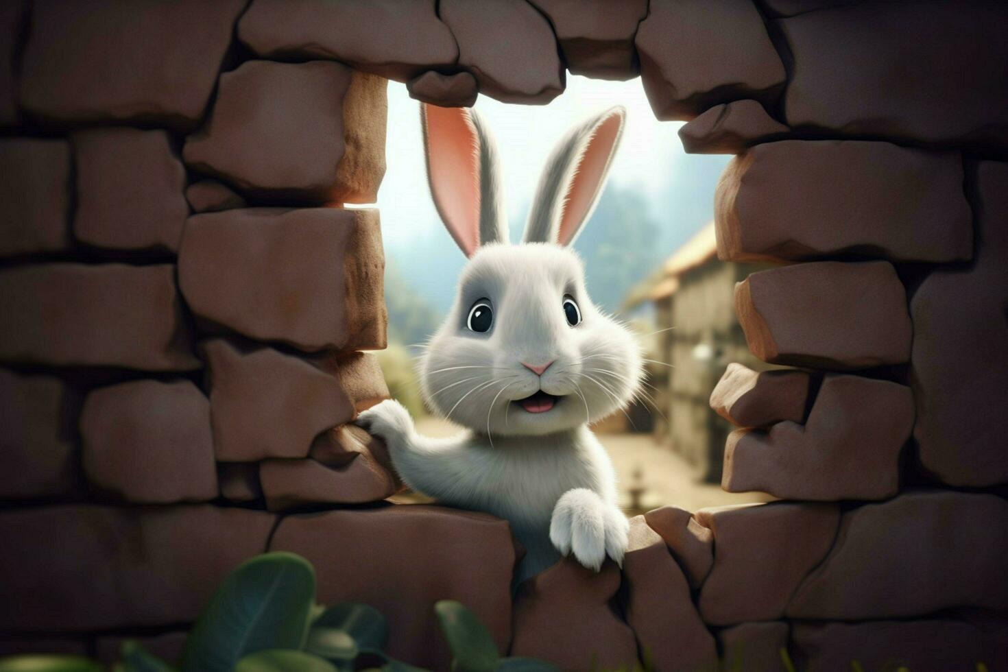 une mignonne lapin regards de une cassé mur dans 3d photo
