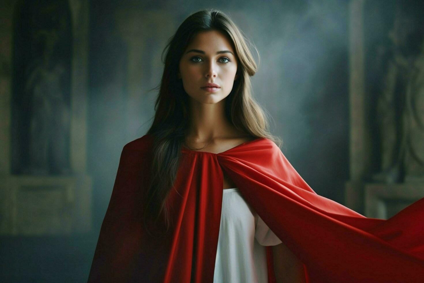 une fille dans une blanc robe avec une rouge cap et une rouge c photo