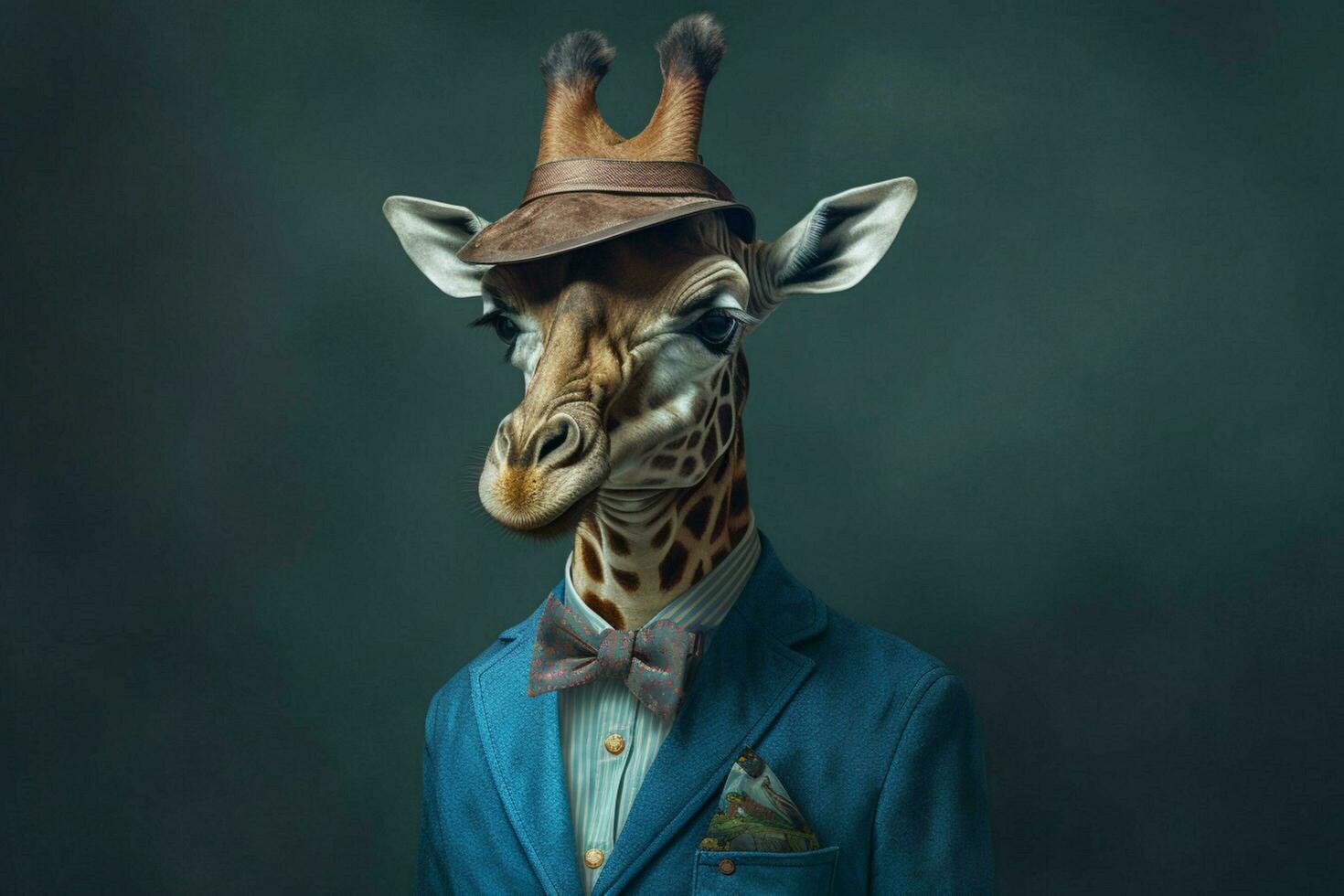 une girafe avec une bleu veste et une bleu chapeau photo